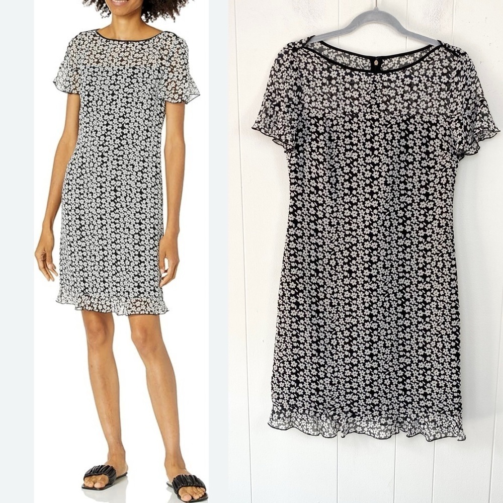 KARL LAGERFELD PARIS Women's Chiffon Shift Dress SZ 2 Black White Ditsy‎ Floral